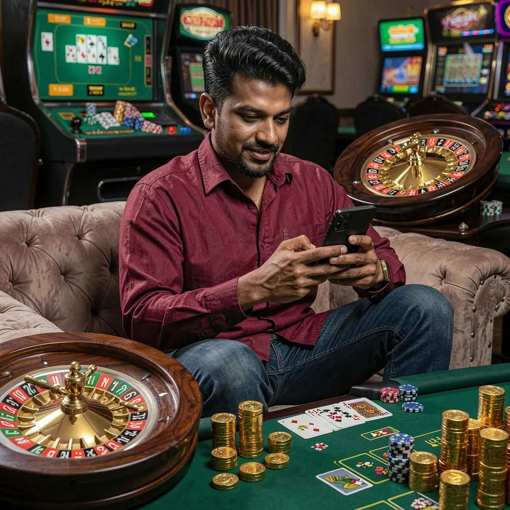 Confident Bangladeshi player enjoying the 95OK casino app on his phone with glowing digital casino symbols and a modern gaming atmosphere