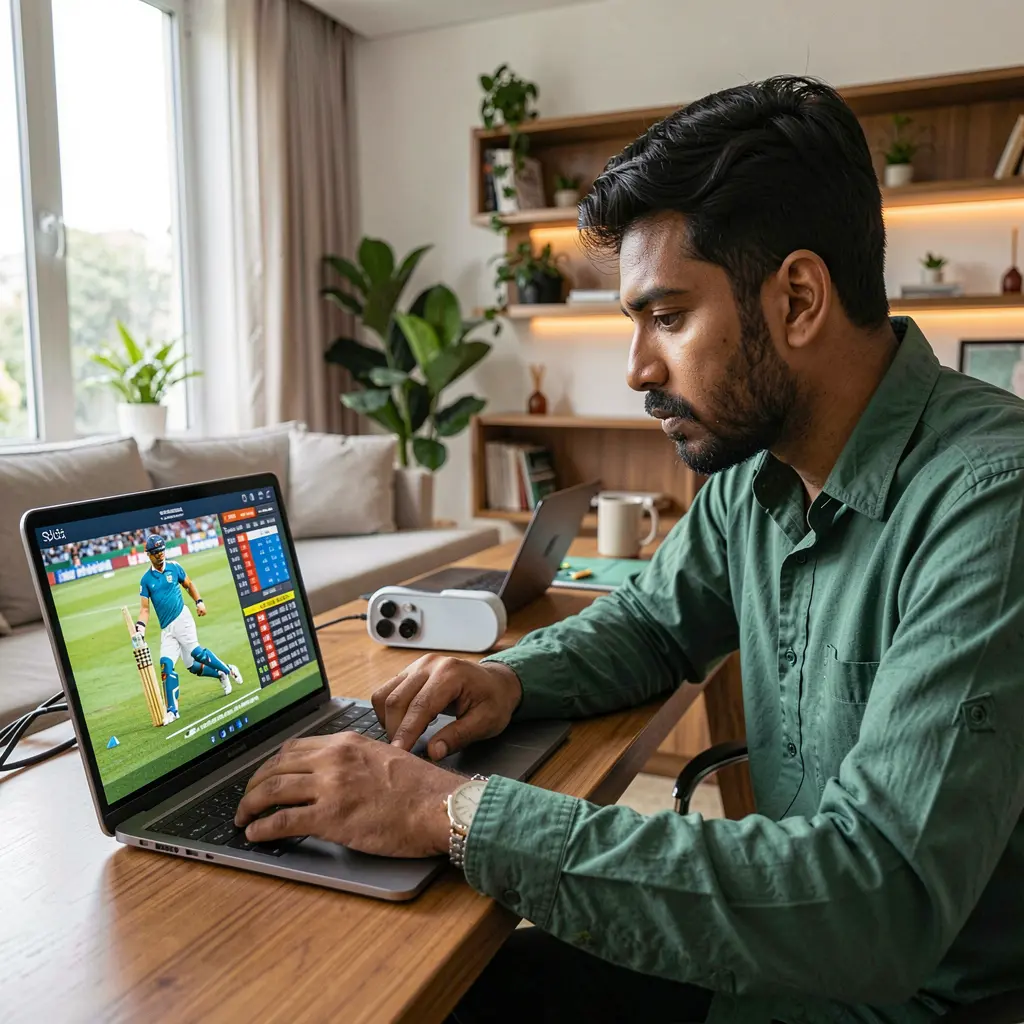 Focused Bangladeshi sports bettor analyzing live cricket odds on a laptop at home using the 95OK betting platform