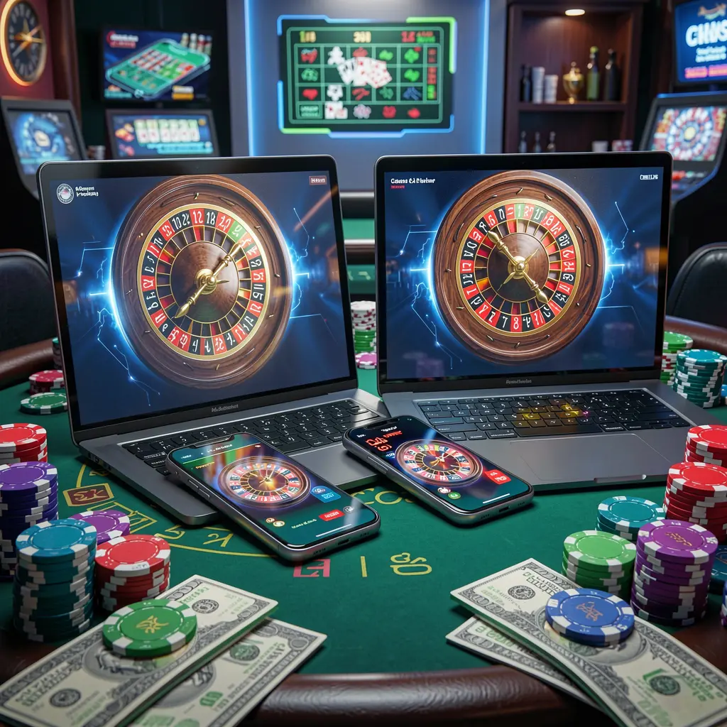 Modern casino gameplay on a smartphone and laptop with glowing digital roulette and stacked poker chips showcasing the immersive 95OK casino experience in Bangladesh