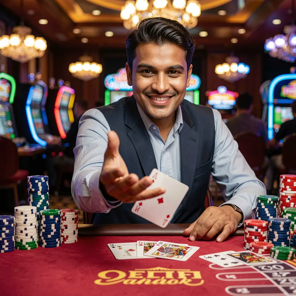 Professional Bangladeshi casino dealer smiling and extending his hand with glowing poker chips floating around representing trusted entertainment on 95OK